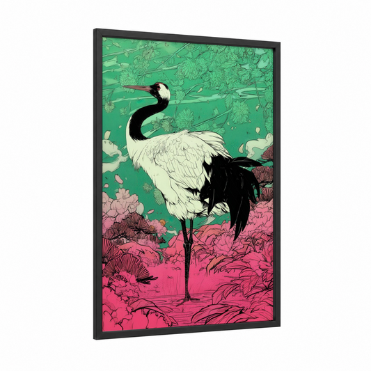 Emerald Garden Crane framed art print — black wood frame — true green and pink palette