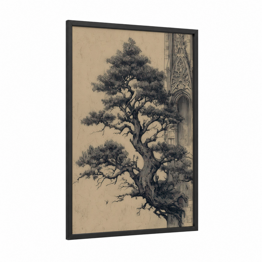 Cypress Tree framed art print — black wood frame — black and white and beige palette