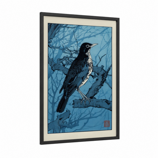 Winter Thrush framed art print — black wood frame — blue and black and white palette