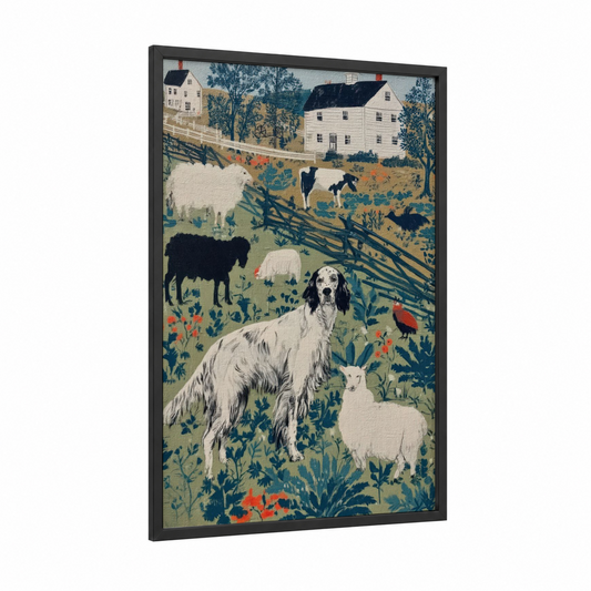 Farmyard Setter framed art print — black wood frame — teal and gold palette