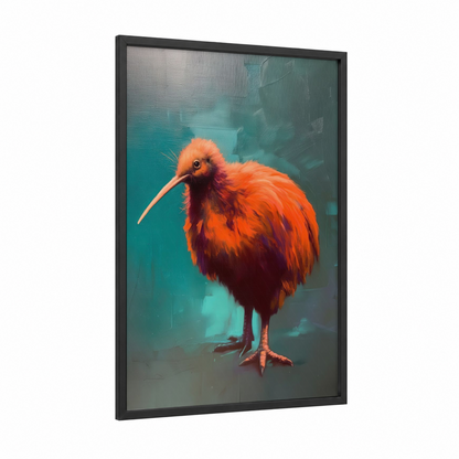 Crimson Kiwi framed art print — black wood frame — red and teal palette
