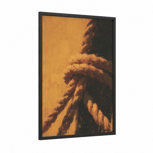 Golden Rope Detail framed rope knots print — black wood frame — gold and russet palette