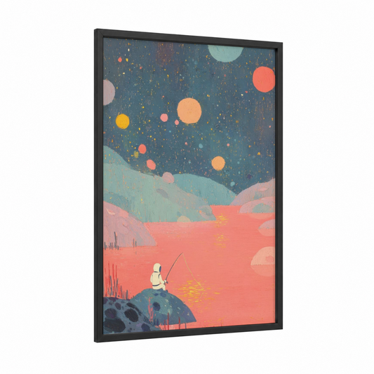 Cosmic Fisherman framed astronaut print — black wood frame — blue and salmon pink palette