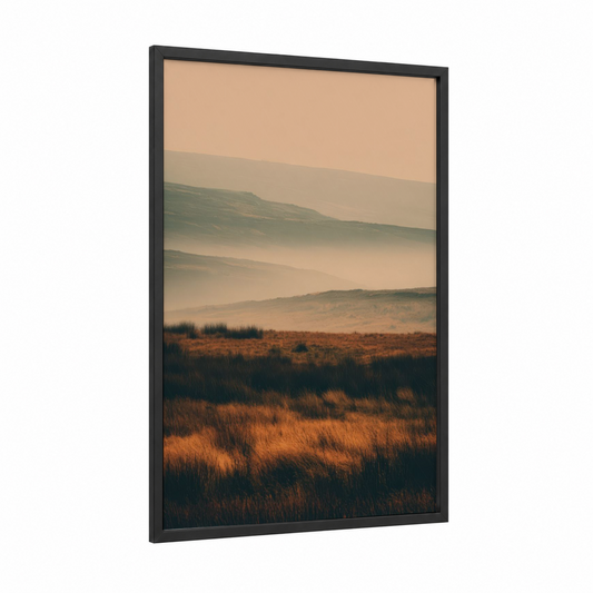 Misty Valley Landscape framed art print — black wood frame — peach and sage green palette