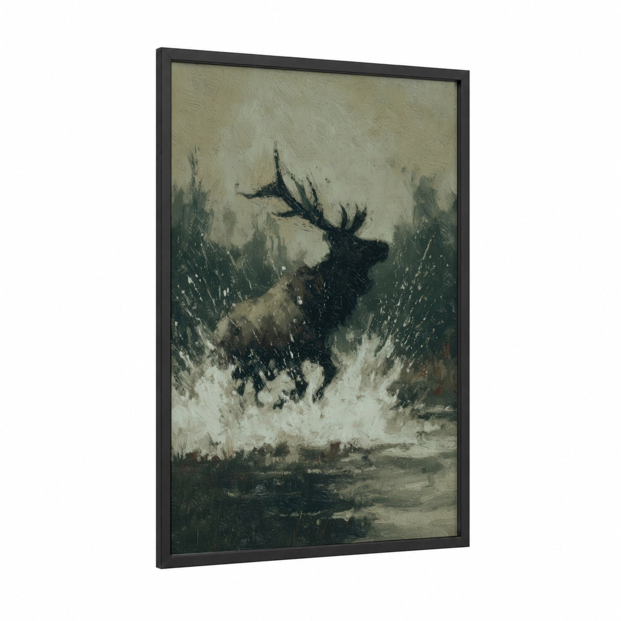 Winter Elk framed art print — black wood frame — cream and gray and white palette