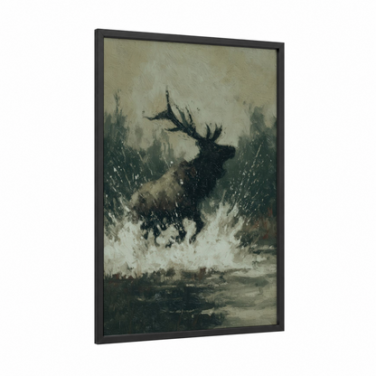 Winter Elk framed art print — black wood frame — cream and gray and white palette