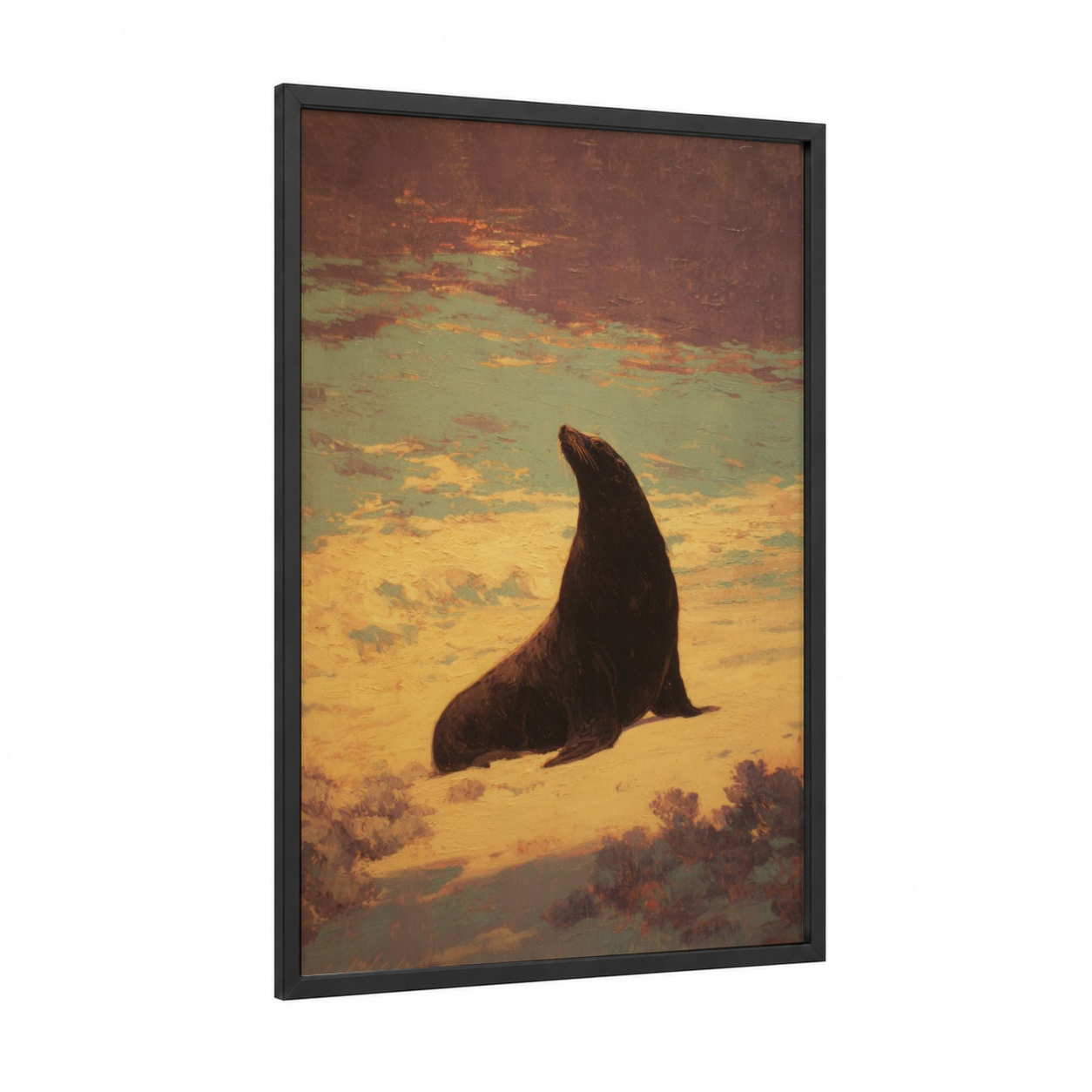 Sandy Sea Lion framed art print — black wood frame — gold and brown palette