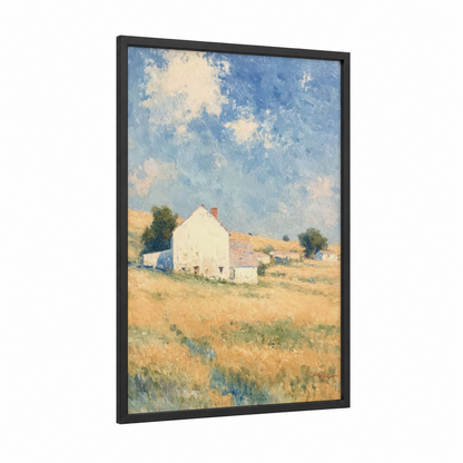 Golden Farmstead framed art print — black wood frame — gold and blue and white palette