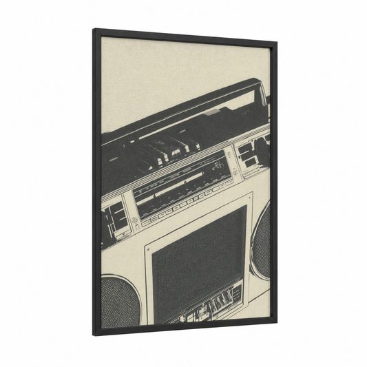 Vintage Boombox framed art print — black wood frame — black and white and cream palette