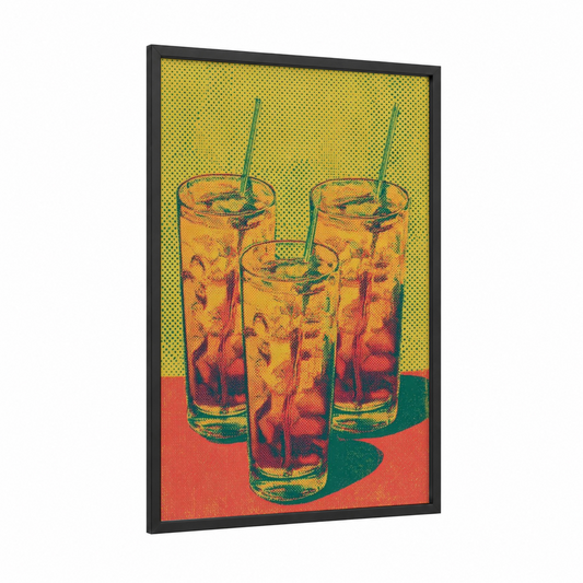 Colorful Iced Tea framed art print — black wood frame — yellow gold and red palette