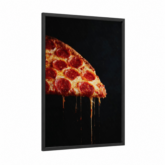 Melting Pepperoni framed fast food print — black wood frame — red and gold palette