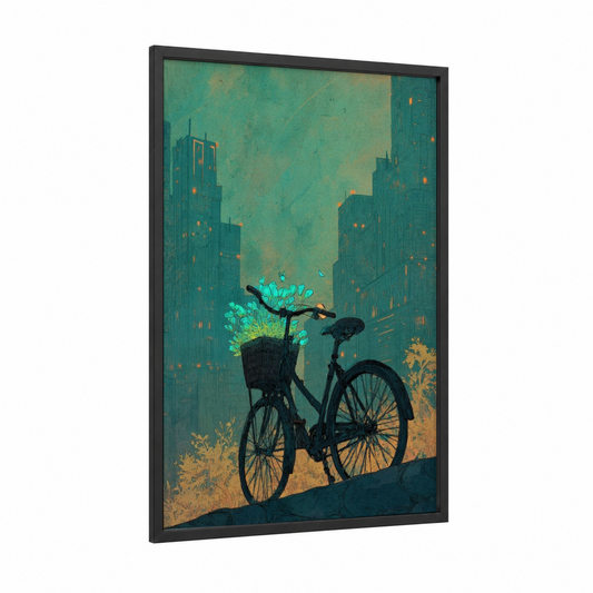 Urban Bloom Bicycle framed urban bicycle print — black wood frame — teal and gold palette