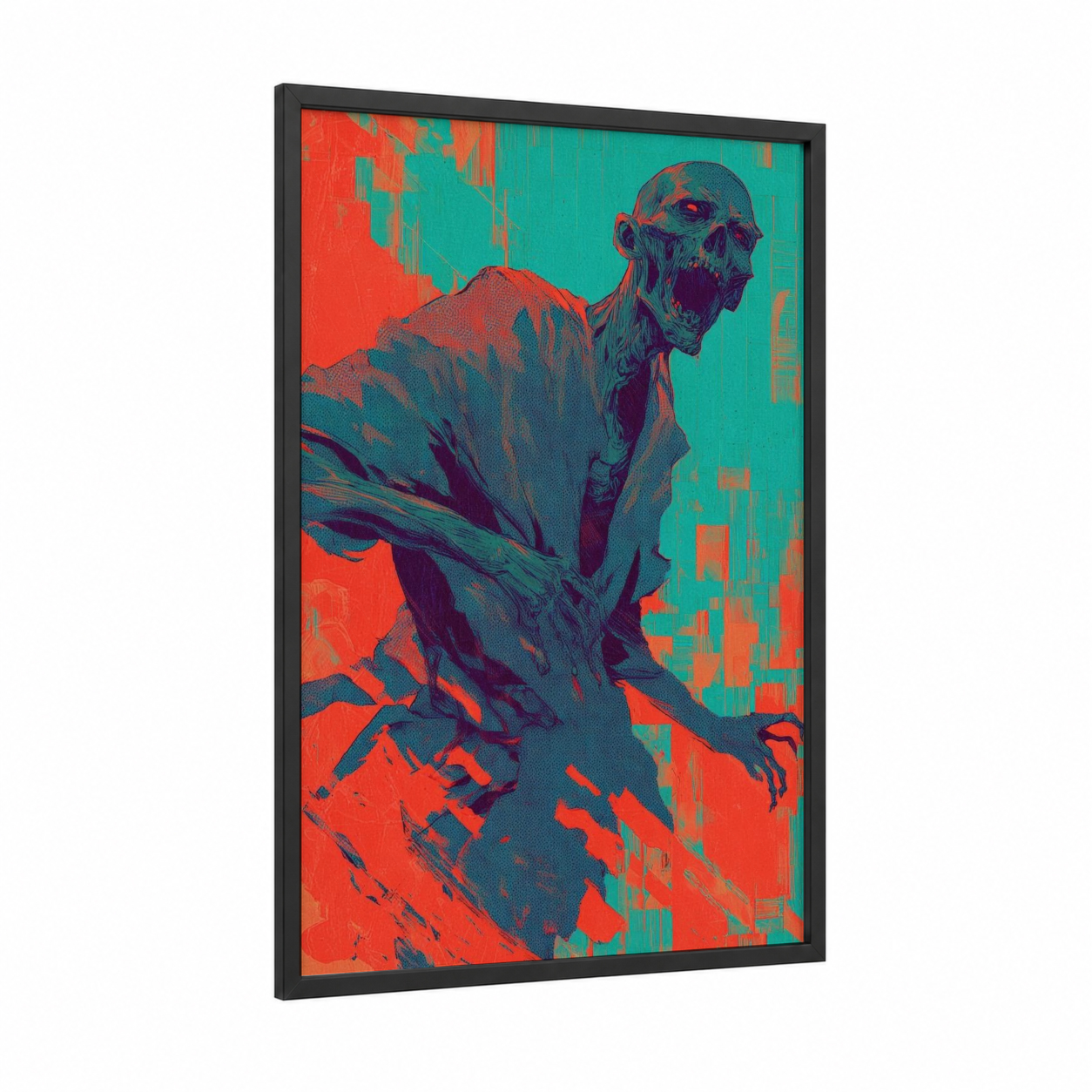 Digital Zombie framed art print — black wood frame — red and teal palette