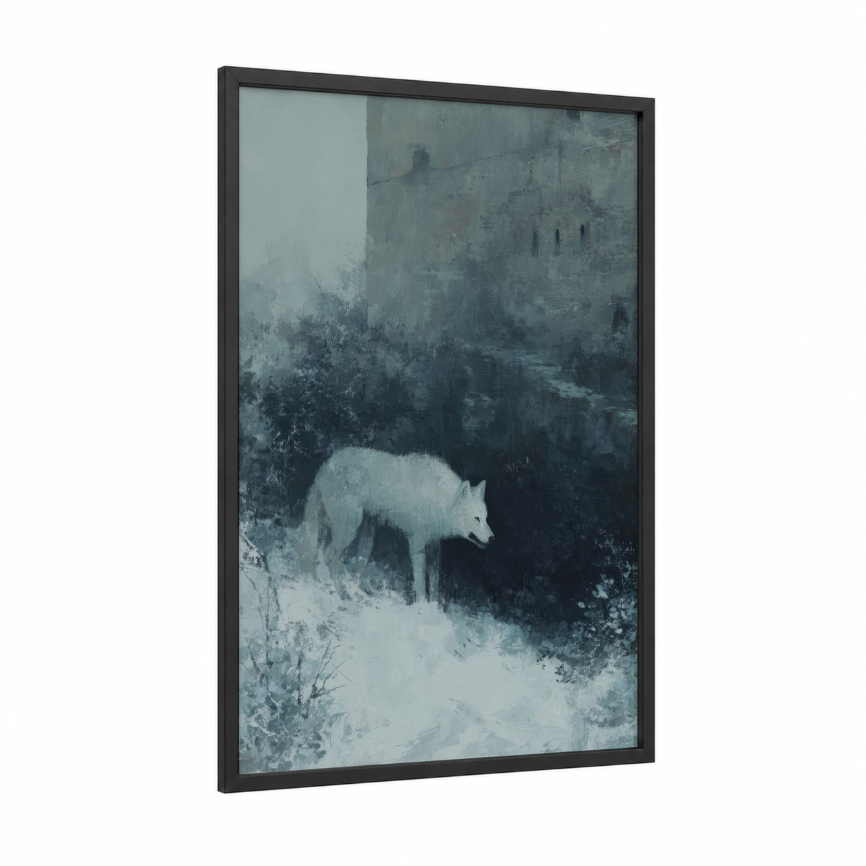 Snowy Wolf Castle framed art print — black wood frame — blue and gray and white palette