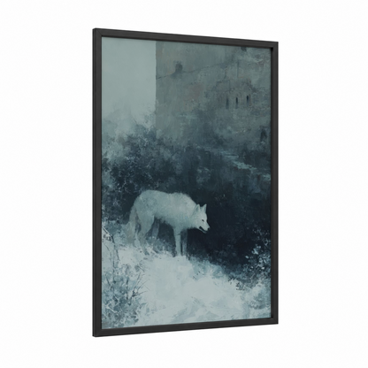 Snowy Wolf Castle framed art print — black wood frame — blue and gray and white palette