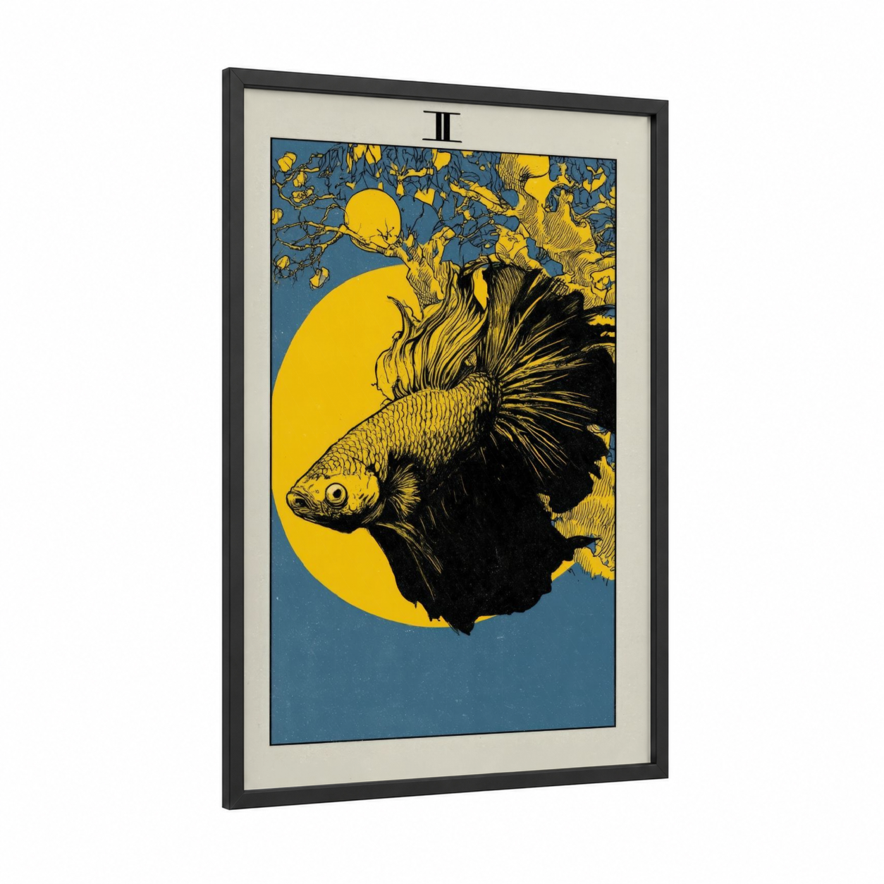 Moonlit Betta framed fighting fish print — black wood frame — yellow gold and blue palette