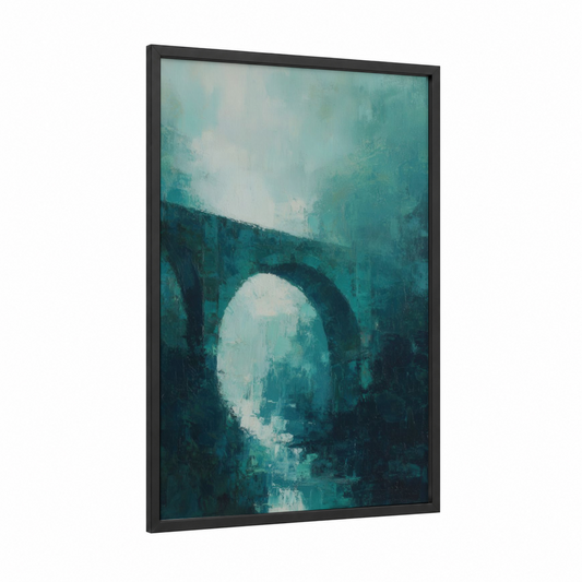 Misty Bridge Passage framed bridges print — black wood frame — teal and white palette
