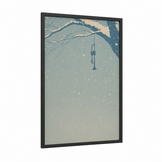 Snowy Trumpet framed art print — black wood frame — blue and cream palette