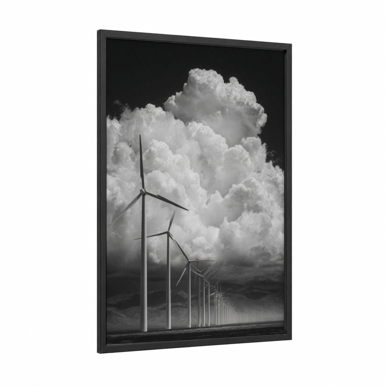 Stormy Turbine Farm framed wind turbine print — black wood frame — black and white and gray palette