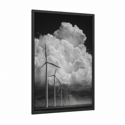 Stormy Turbine Farm framed wind turbine print — black wood frame — black and white and gray palette