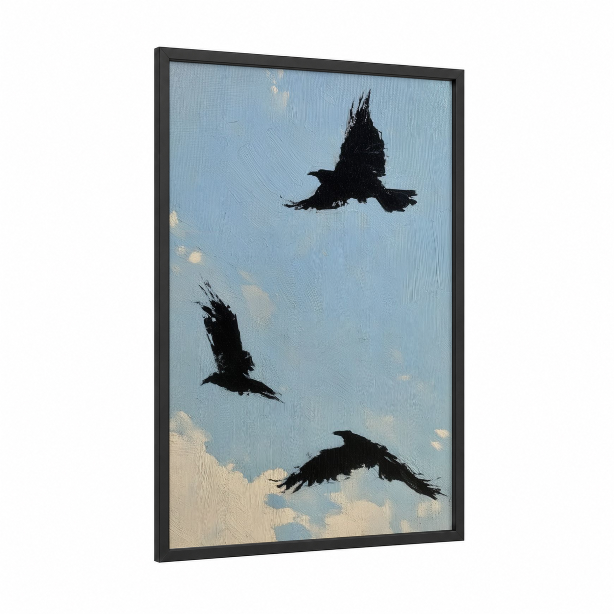 Soaring Ravens framed crows and ravens print — black wood frame — blue and white and black palette