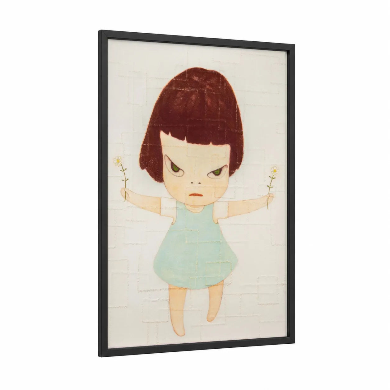 Whimsical Girl With Flowers Wall Art framed art for girl print — black wood frame — cream and maroon palette