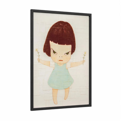 Whimsical Girl With Flowers Wall Art framed art for girl print — black wood frame — cream and maroon palette