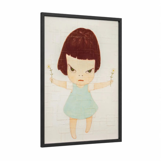 Whimsical Girl With Flowers Wall Art framed art for girl print — black wood frame — cream and maroon palette