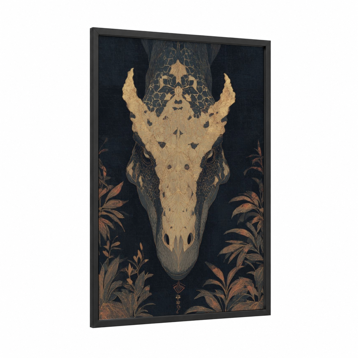 Golden Dinosaur Skull framed art print — black wood frame — gold and black palette