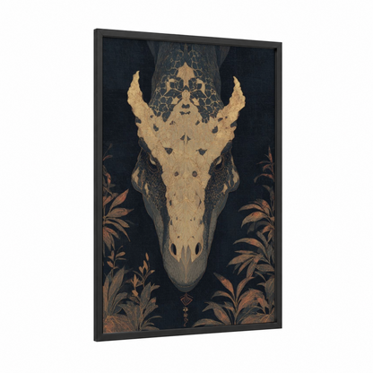 Golden Dinosaur Skull framed art print — black wood frame — gold and black palette