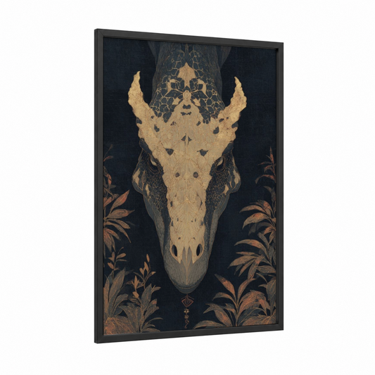 Golden Dinosaur Skull framed art print — black wood frame — gold and black palette