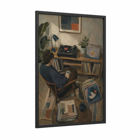 Vinyl Record Player Listening Room Wall Art framed vinyl records print — black wood frame — beige and blue palette