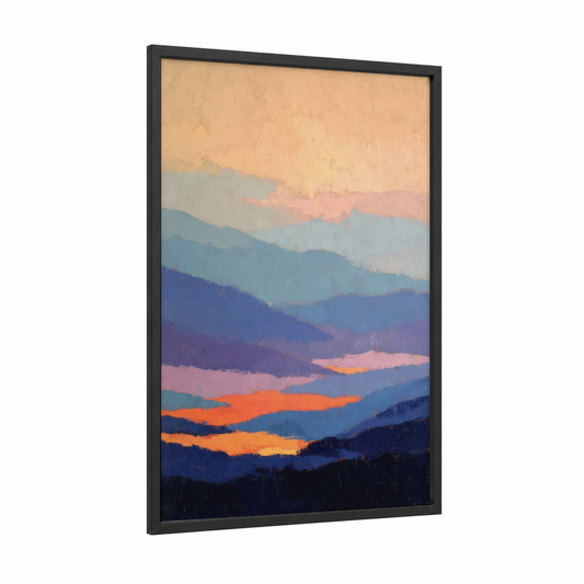 Layered Mountain Sunset framed blue ridge mountains print — black wood frame — blue and orange palette