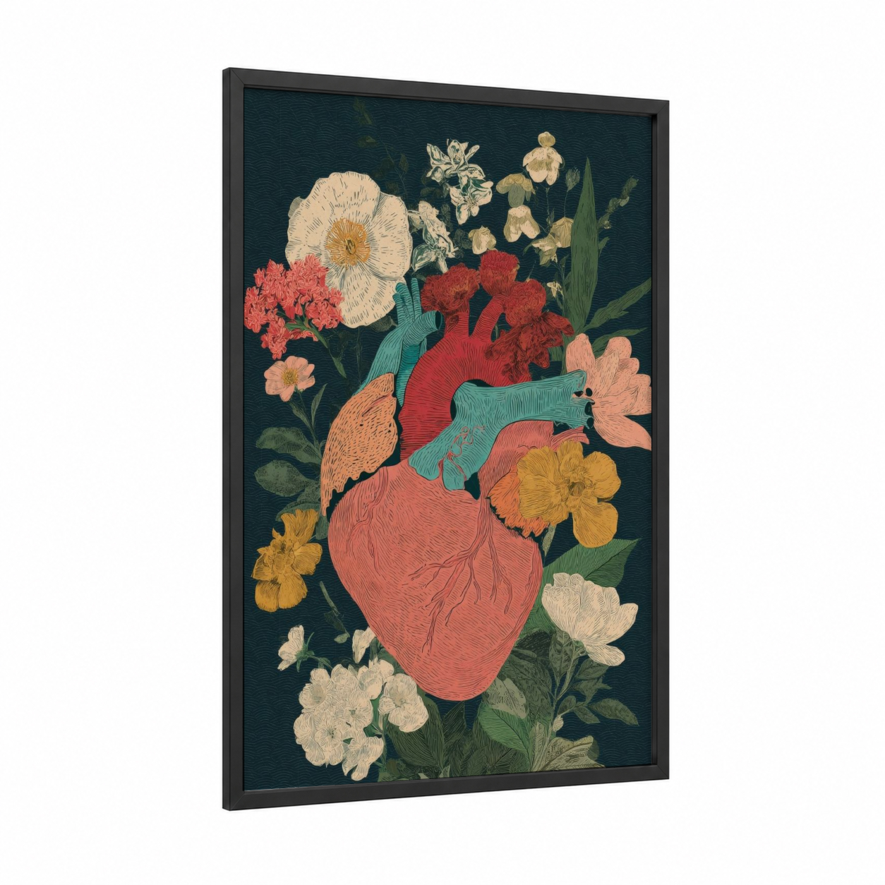 Anatomical Love framed valentine's day print — black wood frame — teal and red palette