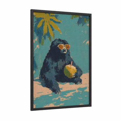 Cool Sloth Bear framed art print — black wood frame — turquoise and gold palette