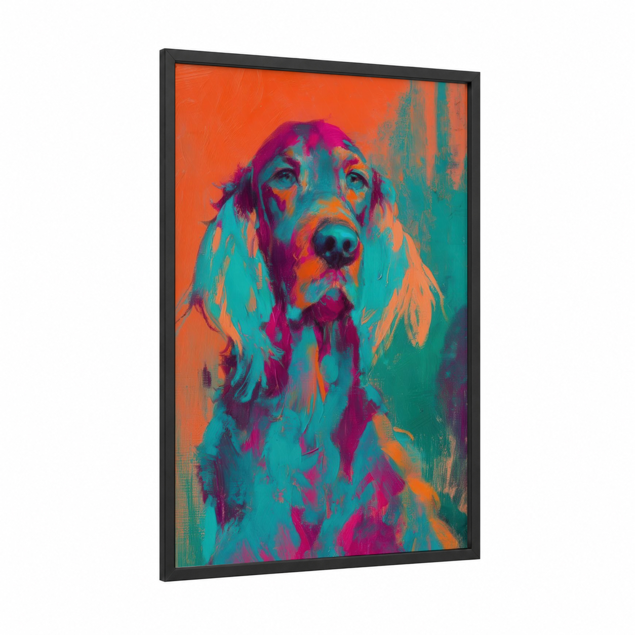 Colorful Setter Portrait framed art print — black wood frame — orange and teal palette