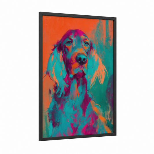 Colorful Setter Portrait framed art print — black wood frame — orange and teal palette