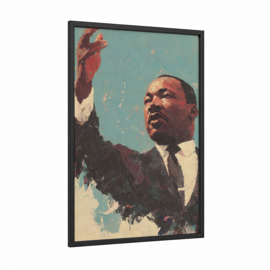 Dream Raised Fist framed martin luther king jr day print — black wood frame — red and teal palette