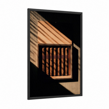 Luxury Cigar Box framed cigars print — black wood frame — gold and black palette