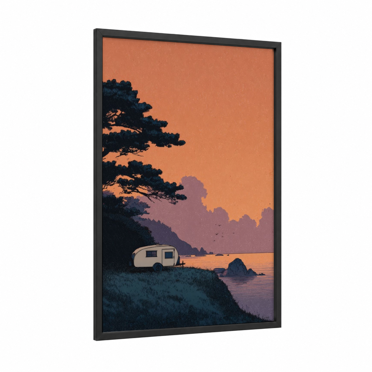 Sunset Campsite framed camping print — black wood frame — orange and maroon palette