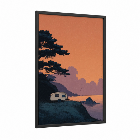 Sunset Campsite framed camping print — black wood frame — orange and maroon palette