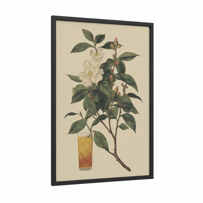 Camellia Iced Tea framed art print — black wood frame — cream and gold palette