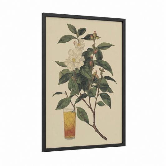 Camellia Iced Tea framed art print — black wood frame — cream and gold palette