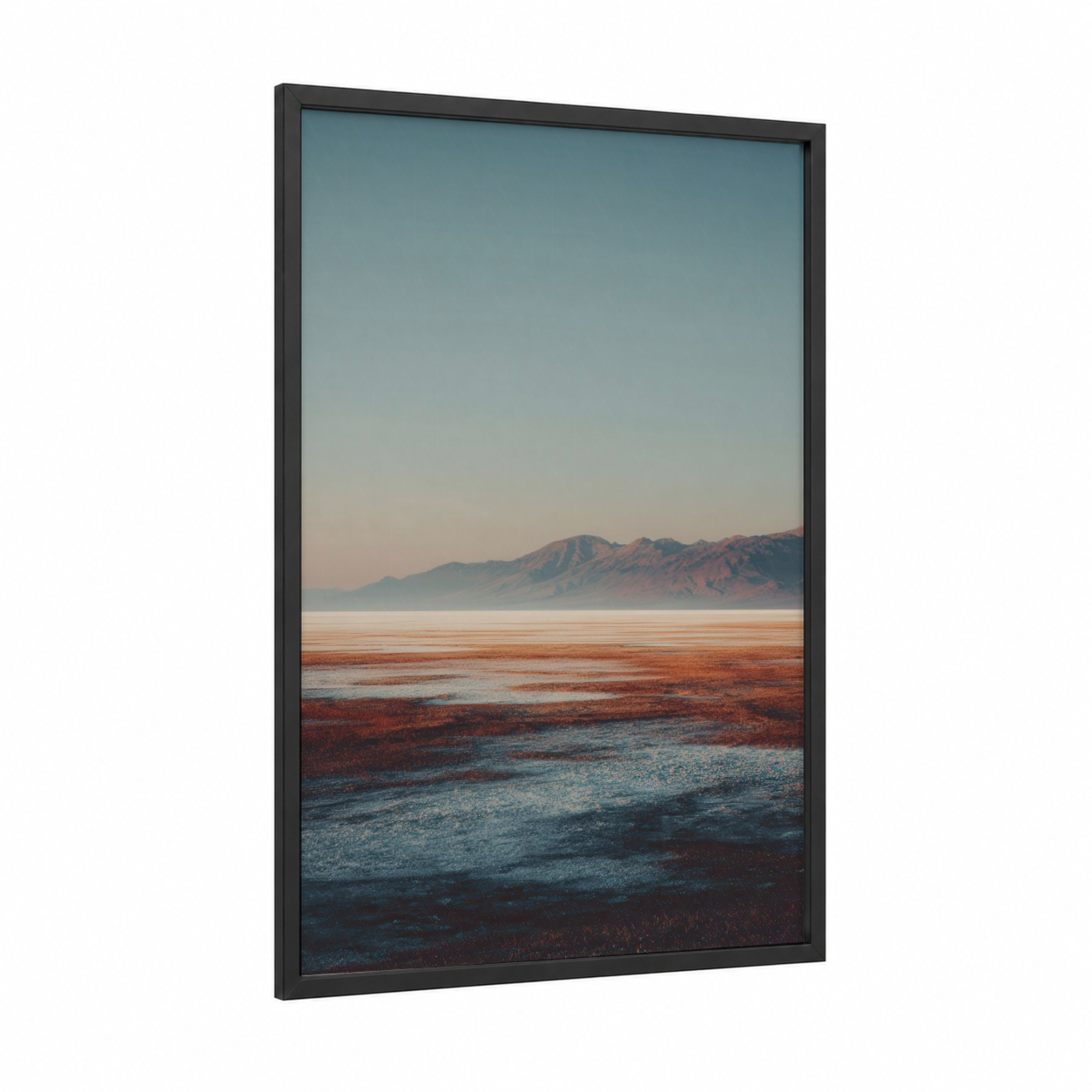 Crimson Glacier Dawn framed art print — black wood frame — red and blue and white palette