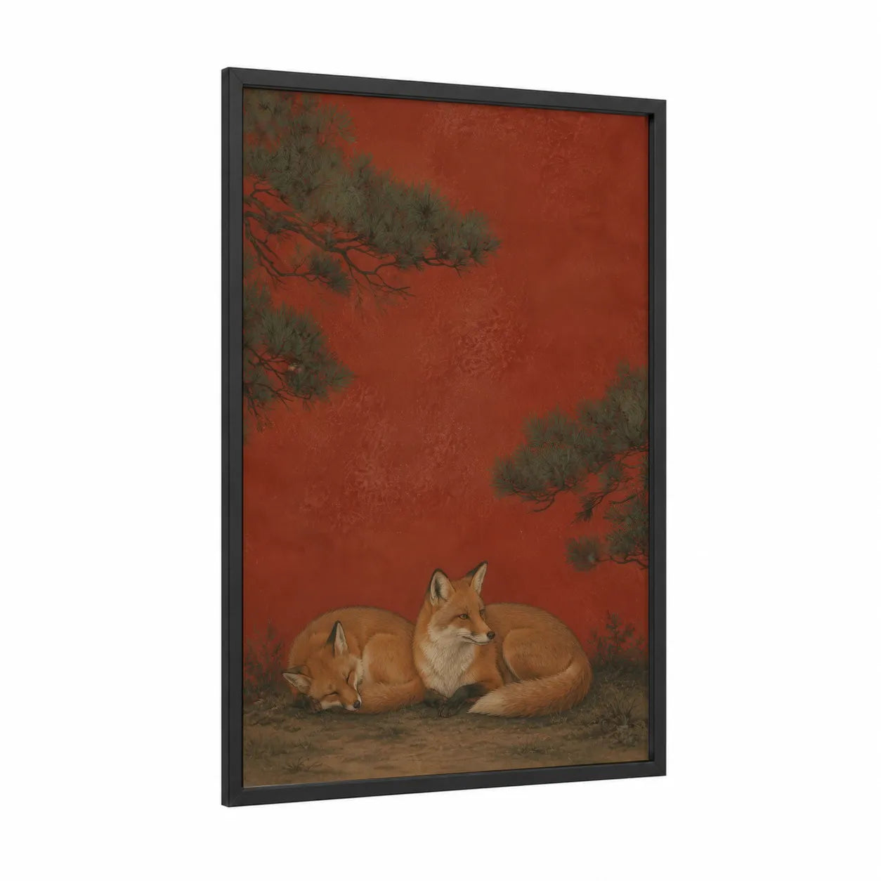 Japanese Fox And Pine Wall Art framed art print — black wood frame — red and orange palette