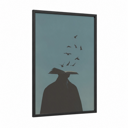 Literary Flight framed reading print — black wood frame — bermuda gray and dark blue palette