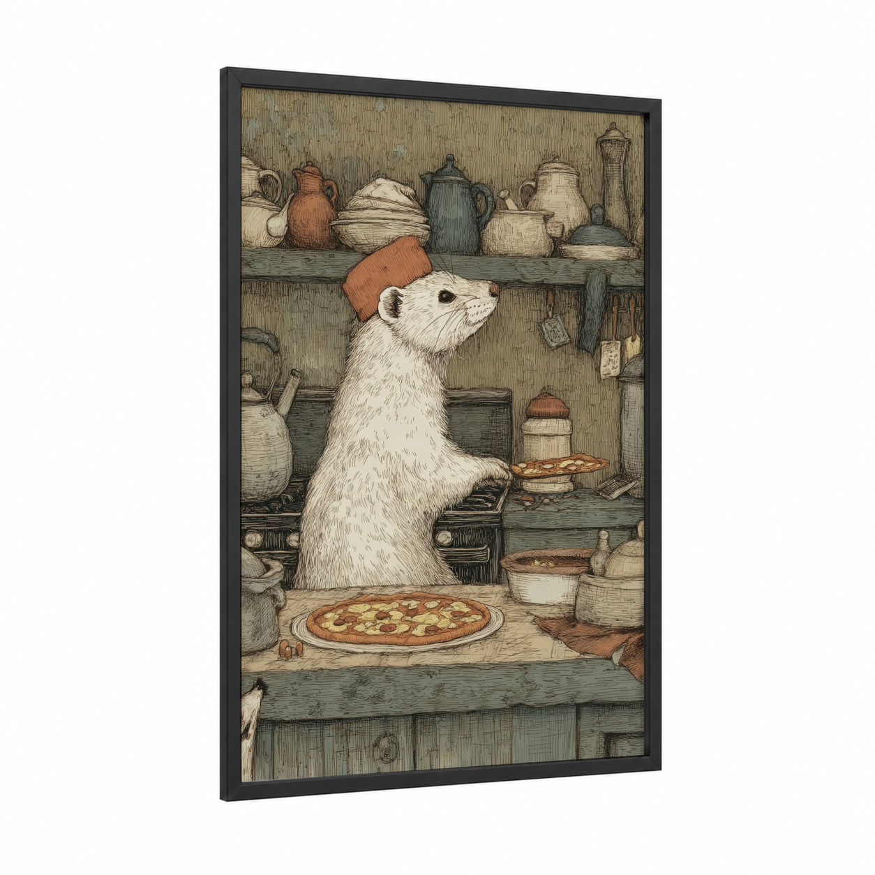 Chef Weasel framed art print — black wood frame — cream and brown palette