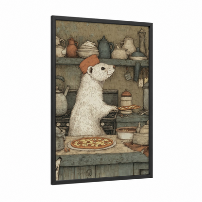Chef Weasel framed art print — black wood frame — cream and brown palette