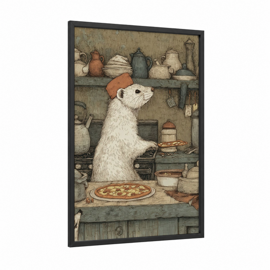 Chef Weasel framed art print — black wood frame — cream and brown palette