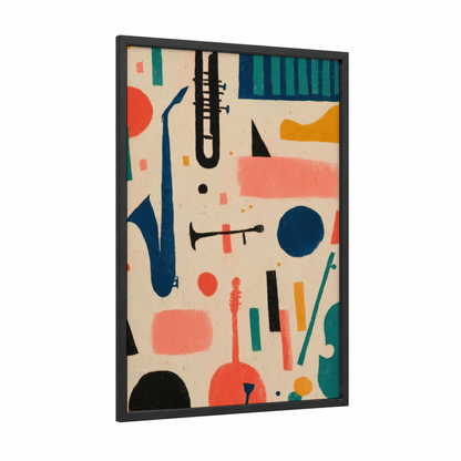 Abstract Jazz framed art print — black wood frame — cream and blue and gold palette